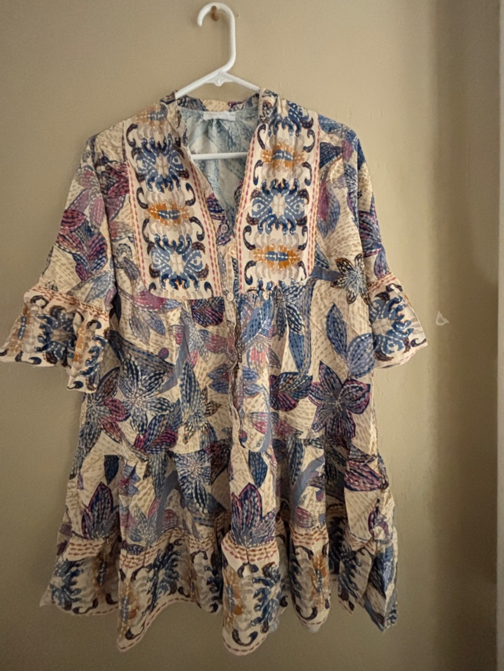 Made in Italy Bohemian Floral Tiered Mini Dress in Cream, Blue & Pink Women’s M - Picture 3 of 13